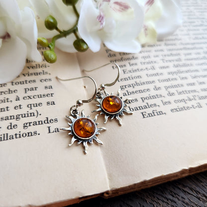 Boucles d'oreilles en Ambre cognac - Soleil - Argent 925