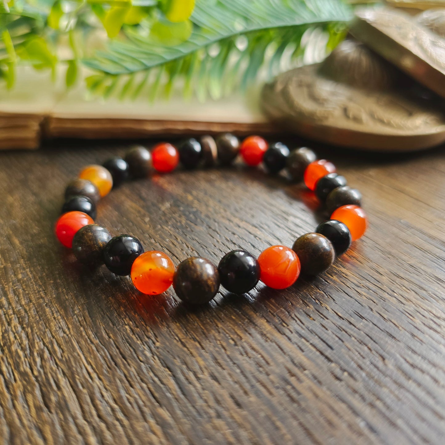 Bracelet Feu - Force vitale - Cornaline, Obsidienne noire et Bronzite