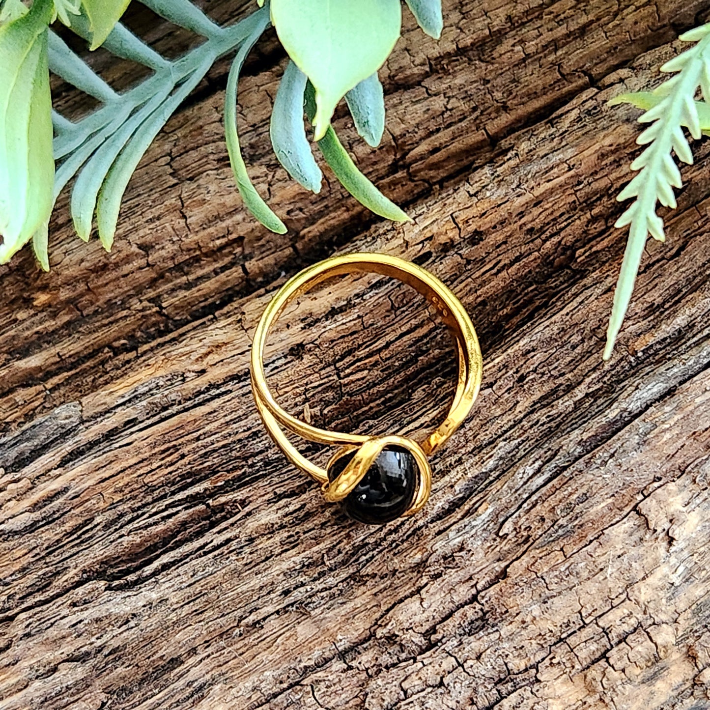 Bague réglable "Dorée" - Obsidienne noire - Argent plaqué or 925