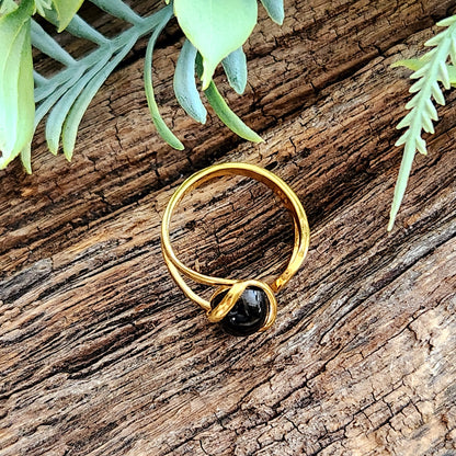 Bague réglable "Dorée" - Obsidienne noire - Argent plaqué or 925