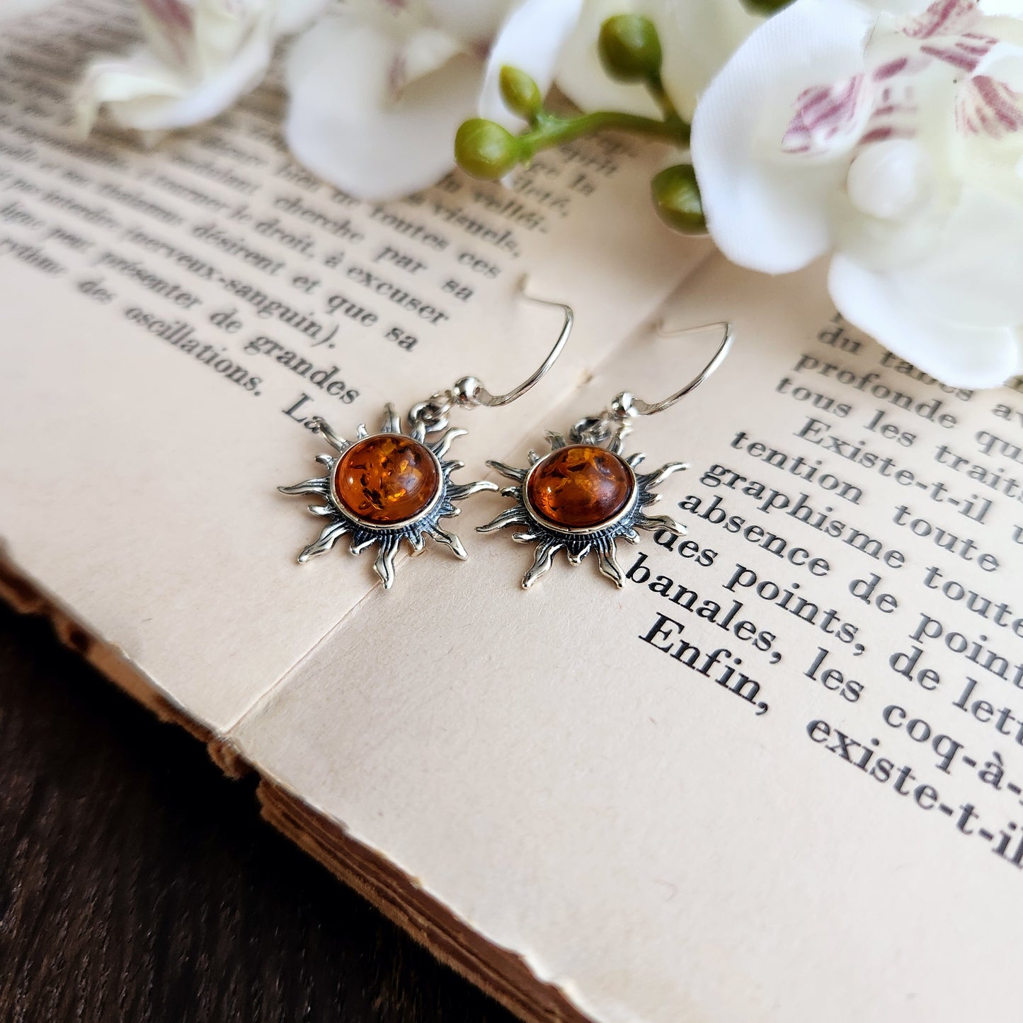 Boucles d'oreilles en Ambre cognac - Soleil - Argent 925