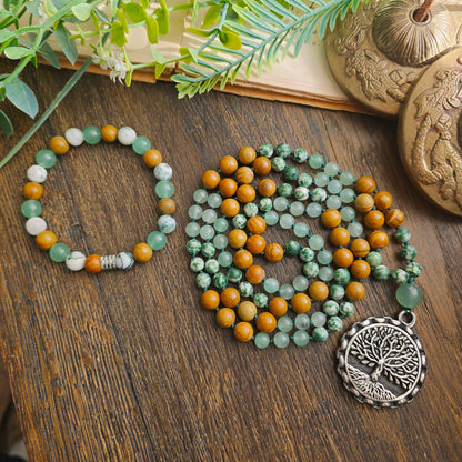 Mala Terre - Ancrage profond - Bois fossile, Agate arbre et Aventurine verte - Arbre de vie