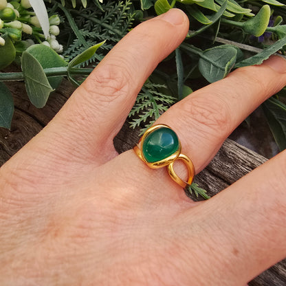 Bague réglable "Dorée" - Onyx vert - Argent plaqué or 925