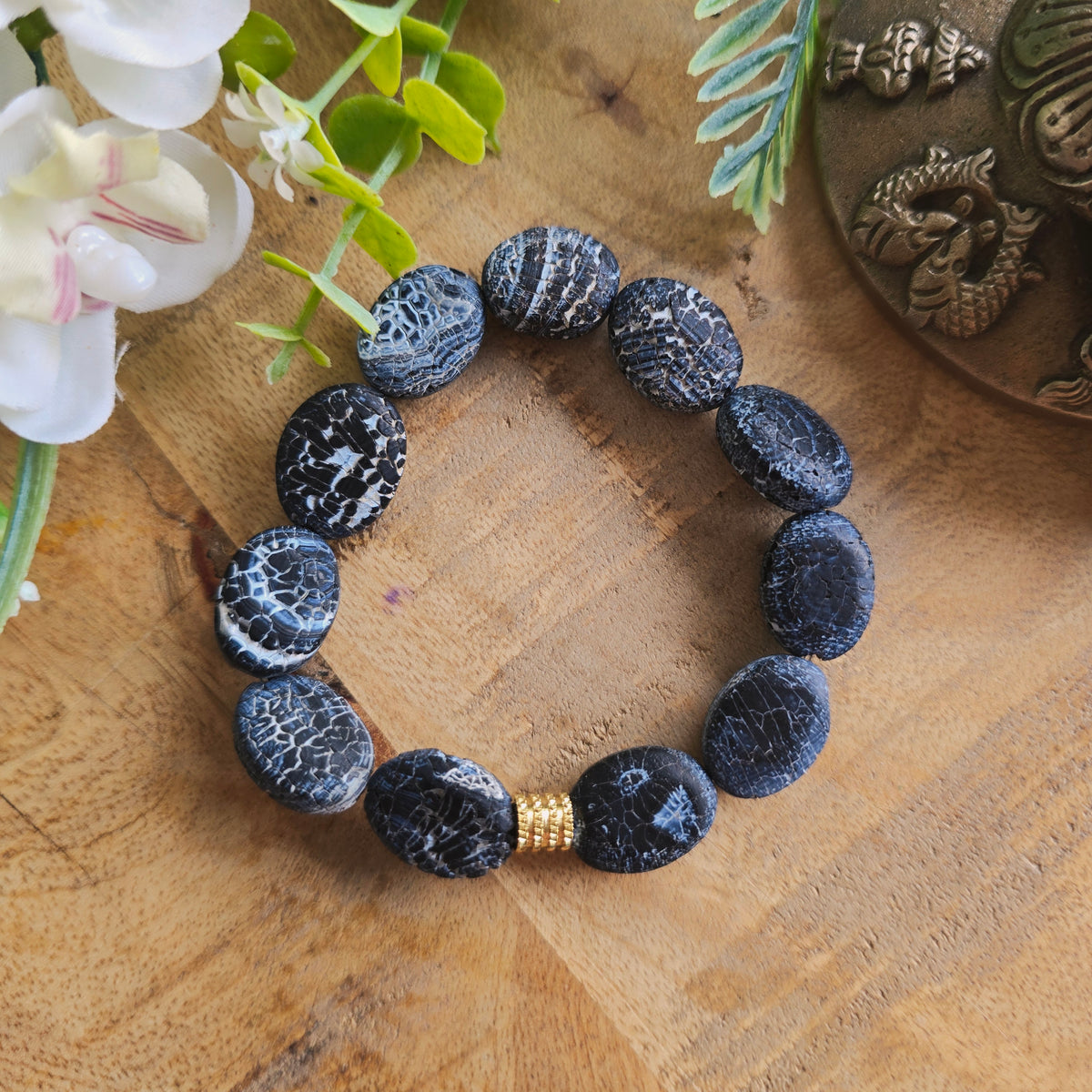 Bracelet en Agate de feu noire craquelée - ovale