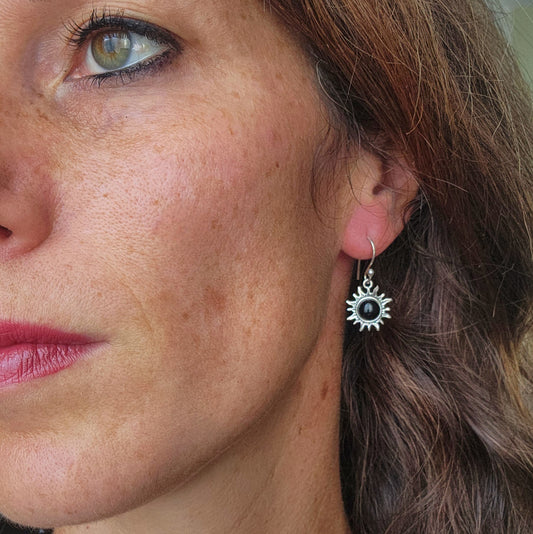 Boucles d'oreilles en Obsidienne noire - Soleil - Argent 925