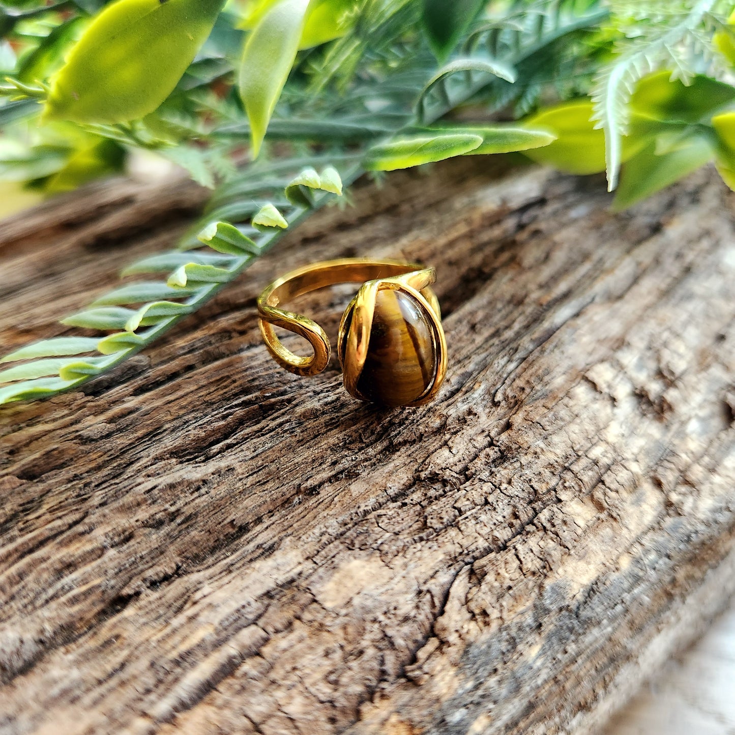 Bague réglable "Dorée" - Œil de tigre - Argent plaqué or 925