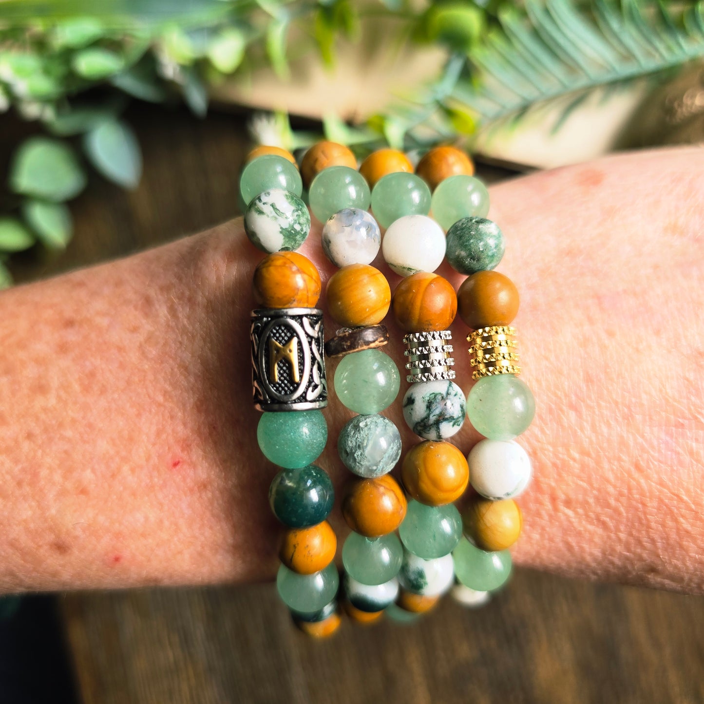 Bracelet Terre - Ancrage profond - Bois fossile, Agate arbre et Aventurine
