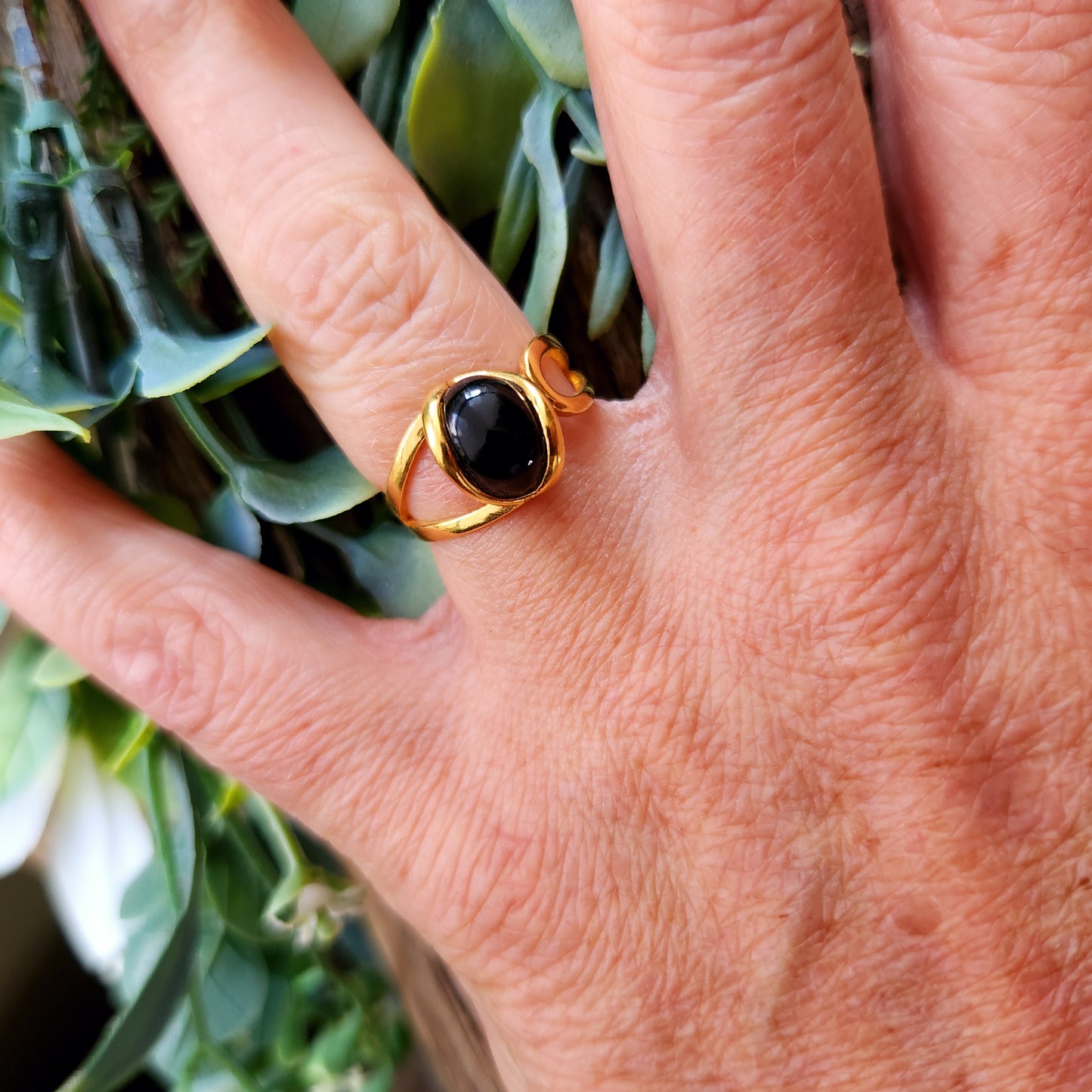 Bague réglable "Dorée" - Obsidienne noire - Argent plaqué or 925