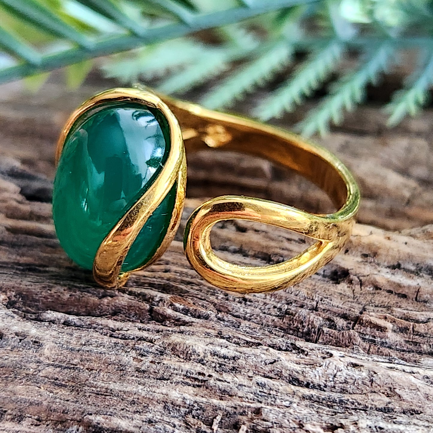 Bague réglable "Dorée" - Onyx vert - Argent plaqué or 925