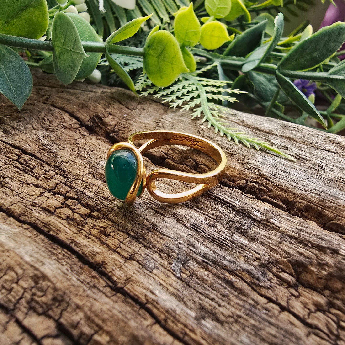 Bague réglable "Dorée" - Onyx vert - Argent plaqué or 925
