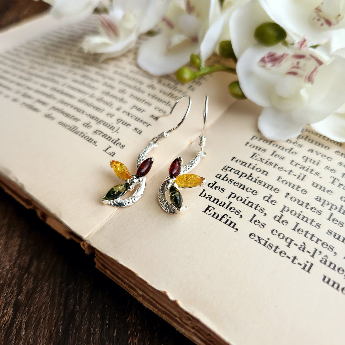 Boucles d'oreilles en Ambre "3 couleurs" - Fleur - Argent 925