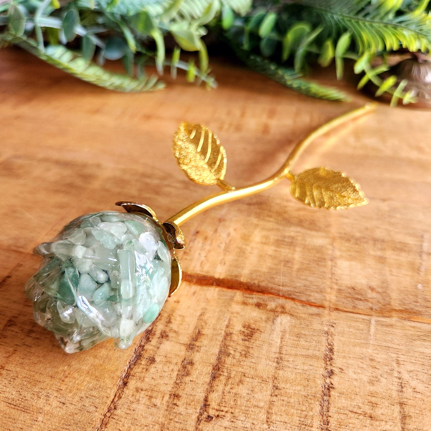 Rose en Aventurine verte - tige dorée