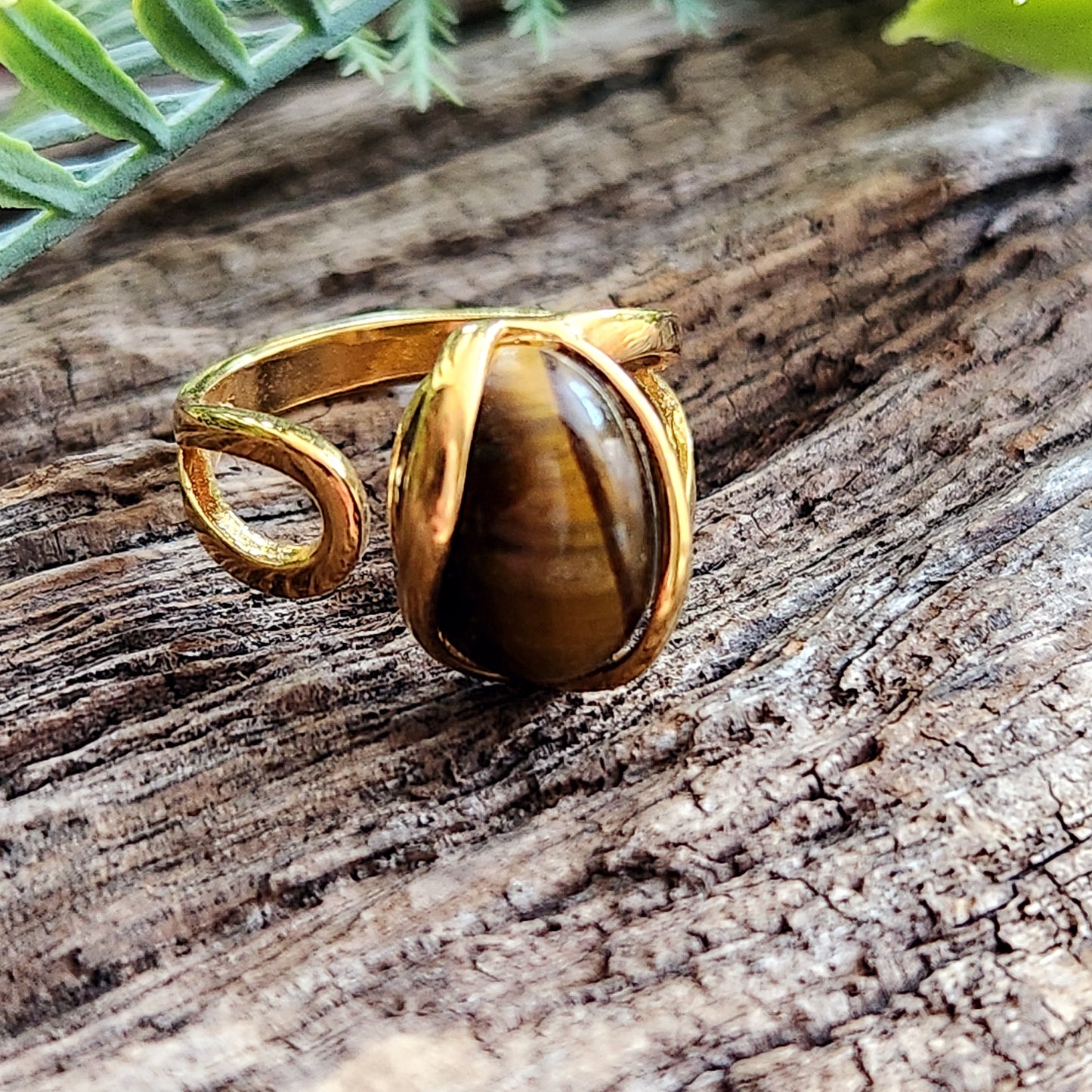 Bague réglable "Dorée" - Œil de tigre - Argent plaqué or 925