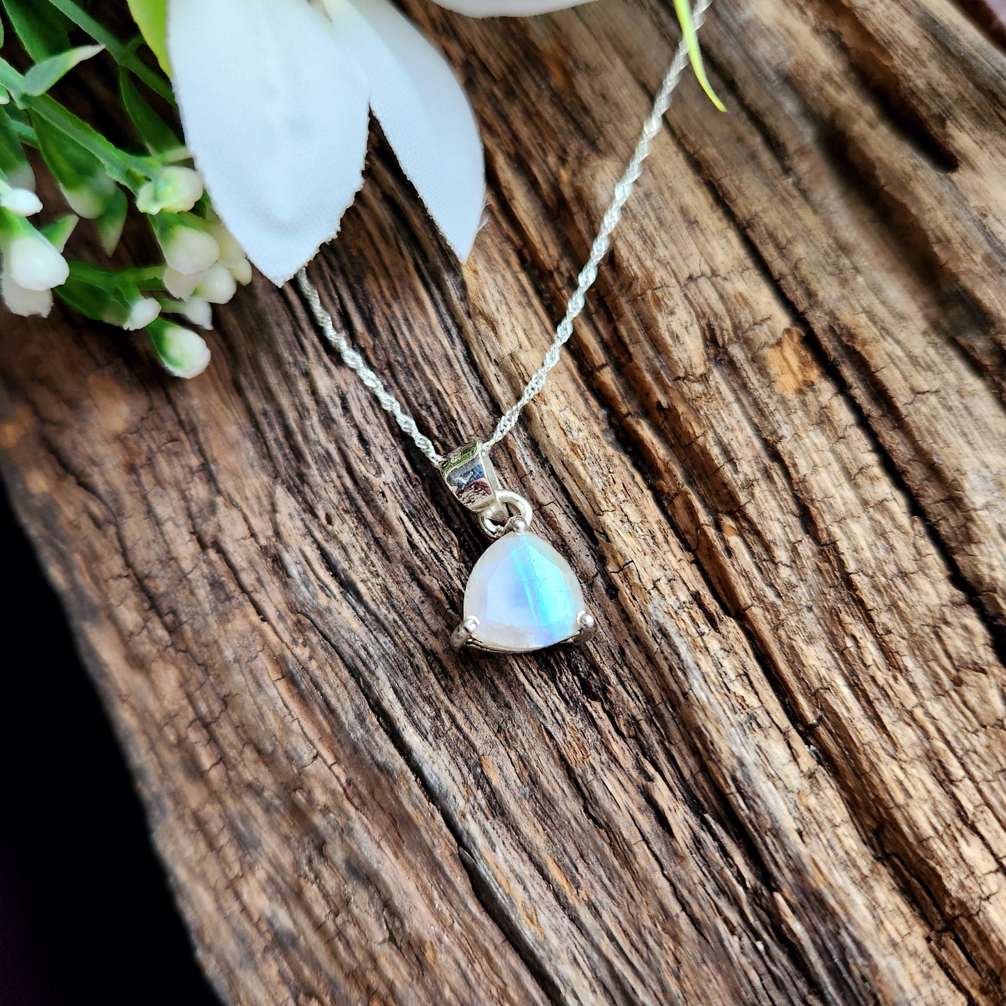 Pendentif en Pierre de lune facettée + chaîne Argent