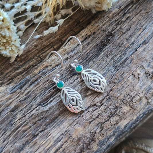 Boucles d'oreilles en Onyx vert - plume - Argent 925