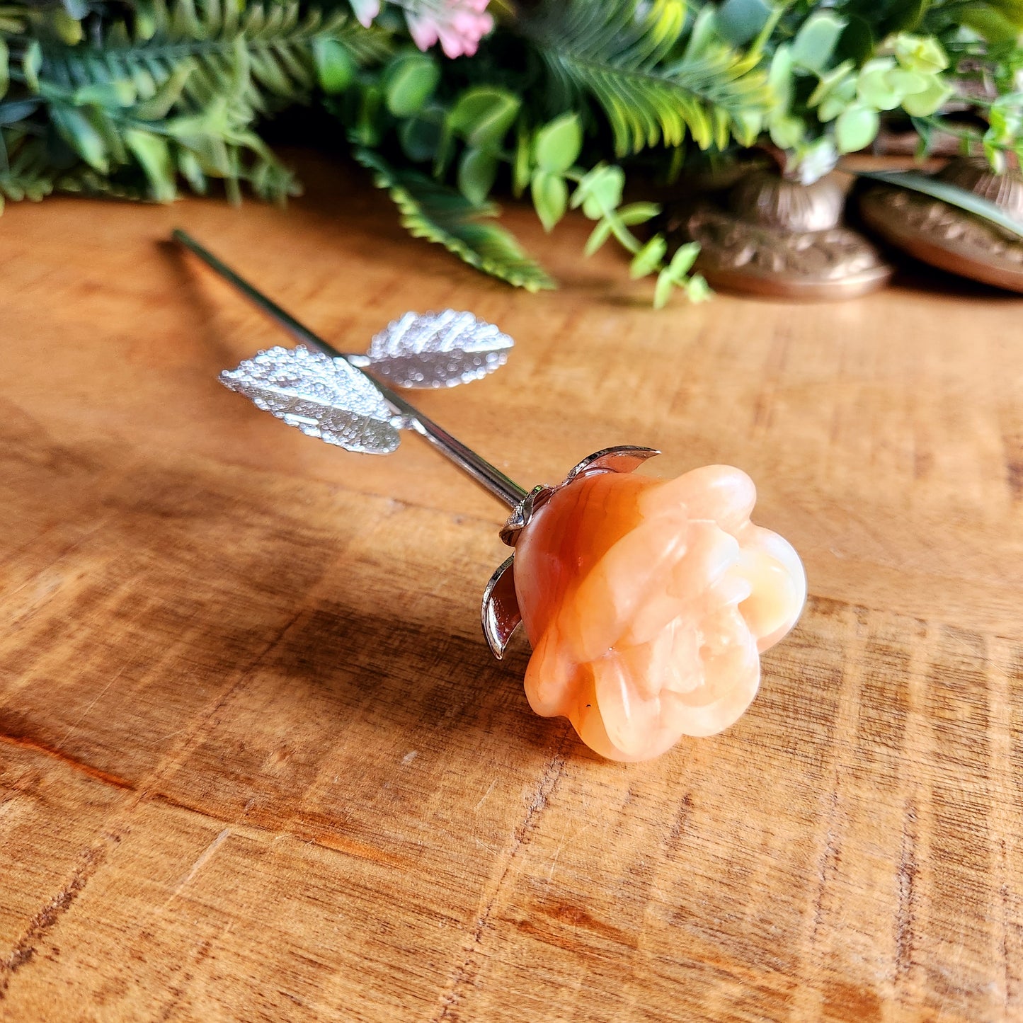 Rose en Calcite orange n°2 - tige argentée