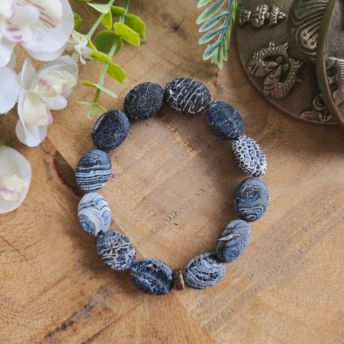 Bracelet en Agate de feu noire craquelée - ovale