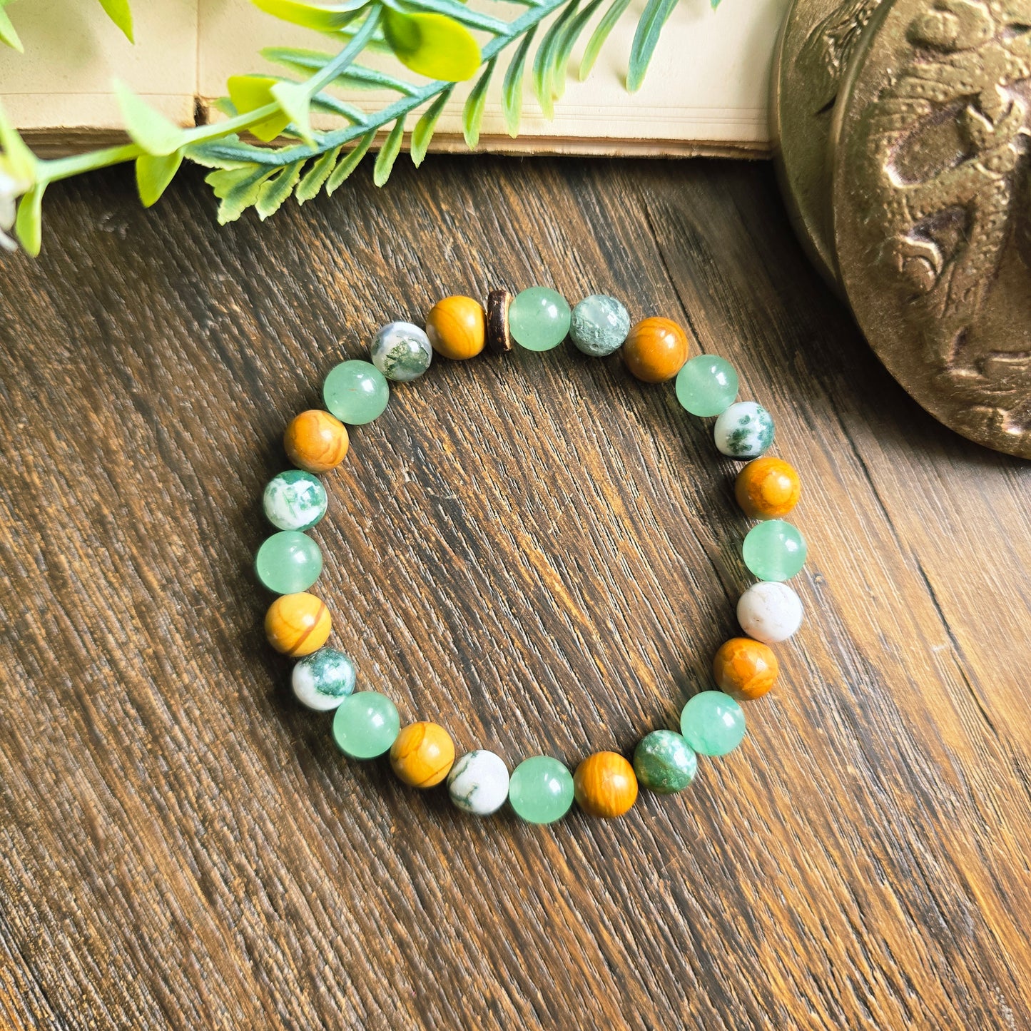 Bracelet Terre - Ancrage profond - Bois fossile, Agate arbre et Aventurine