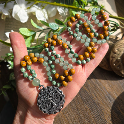 Mala Terre - Ancrage profond - Bois fossile, Agate arbre et Aventurine verte - Arbre de vie