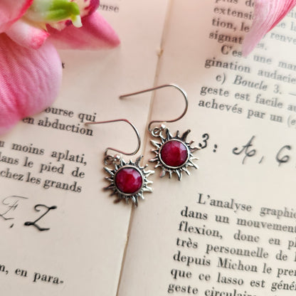 Boucles d'oreilles en Rubis facettés - Soleil - Argent 925