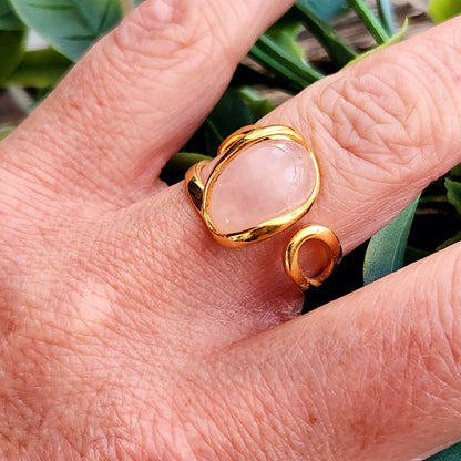 Bague réglable "Dorée" - Quartz rose - Argent plaqué or 925