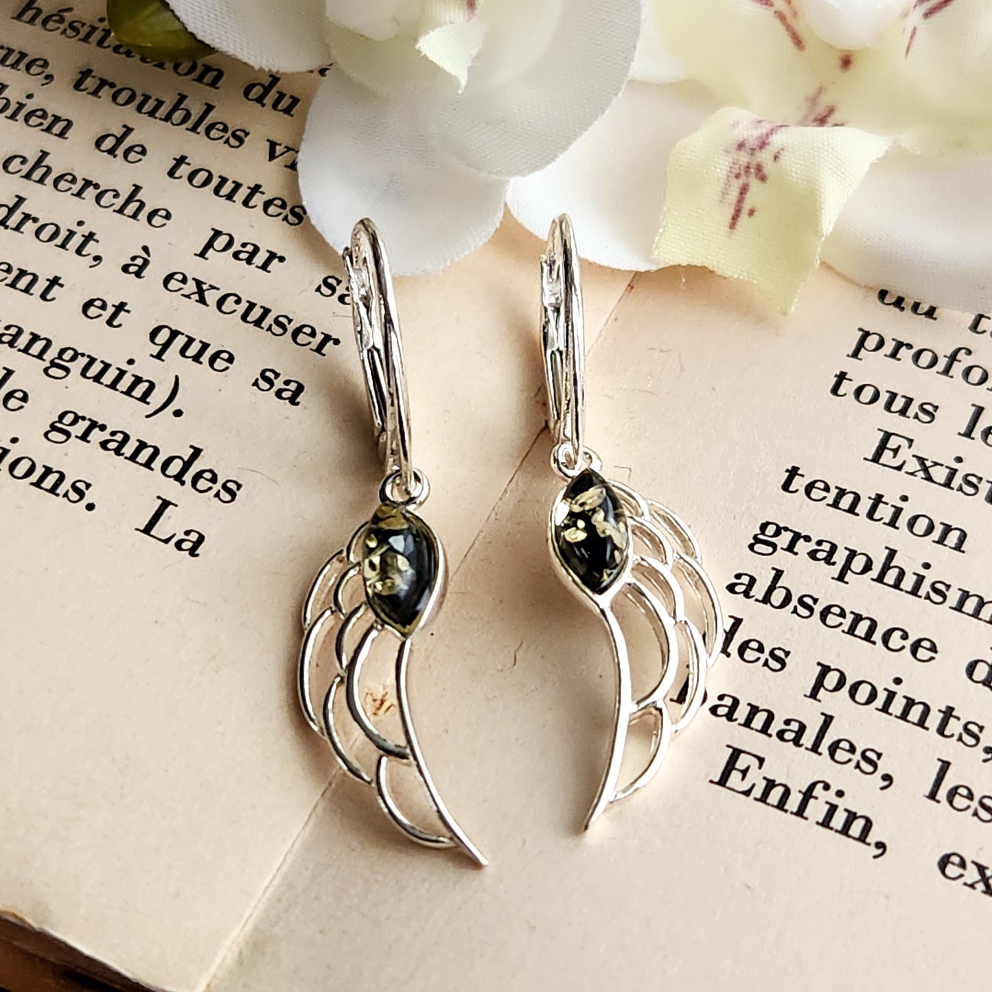 Boucles d'oreilles en Ambre vert - Ailes d'ange - Argent 925
