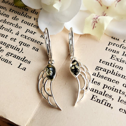 Boucles d'oreilles en Ambre vert - Ailes d'ange - Argent 925