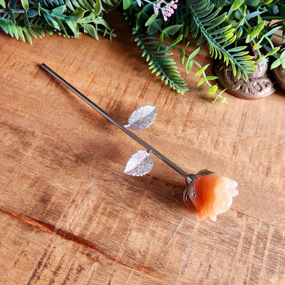 Rose en Calcite orange n°2 - tige argentée