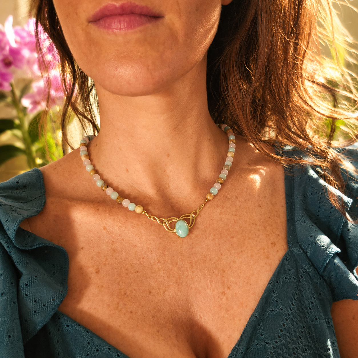 Collier "Valkyria" en Amazonite, Quartz rose et Agate crazy lace