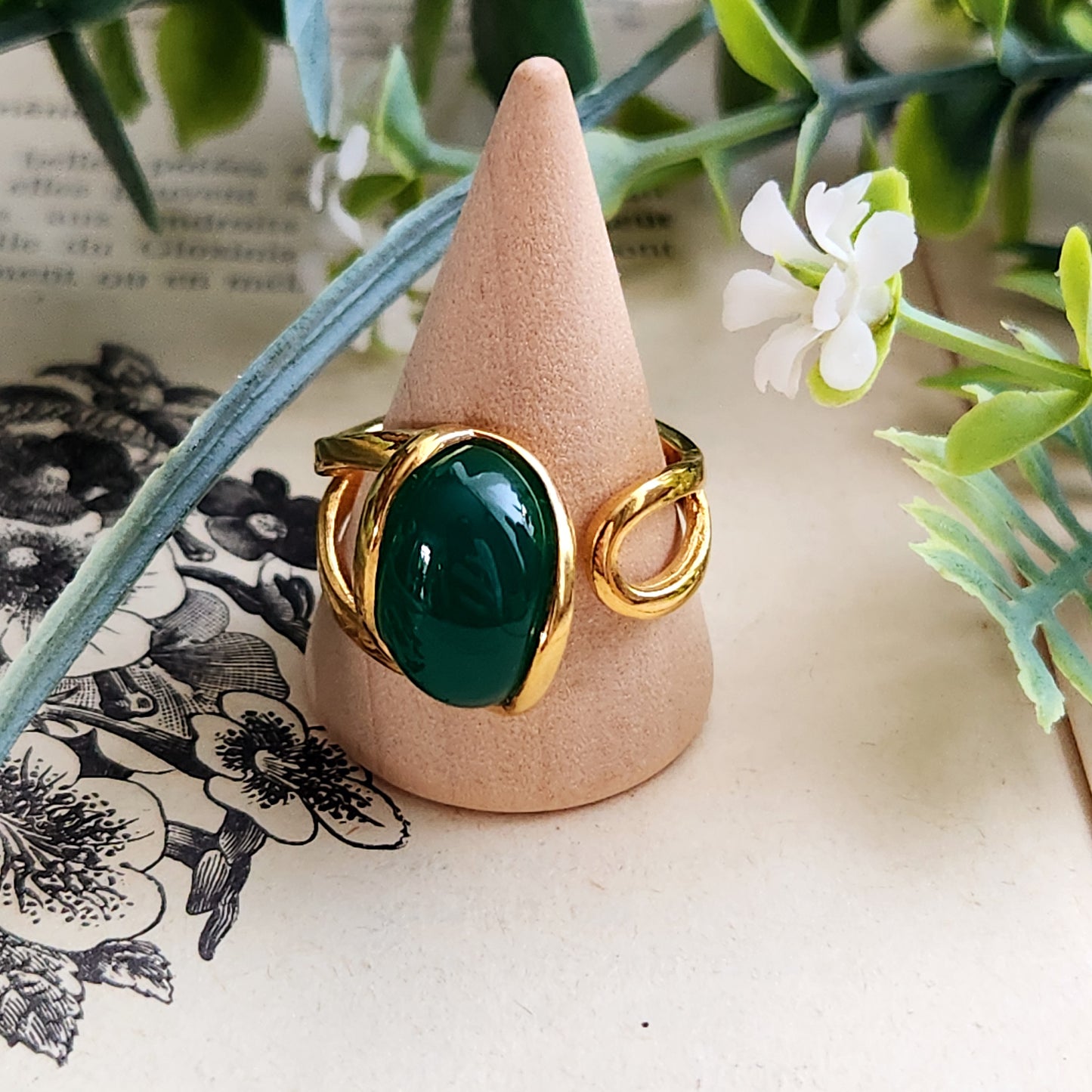 Bague réglable "Dorée" - Onyx vert - Argent plaqué or 925