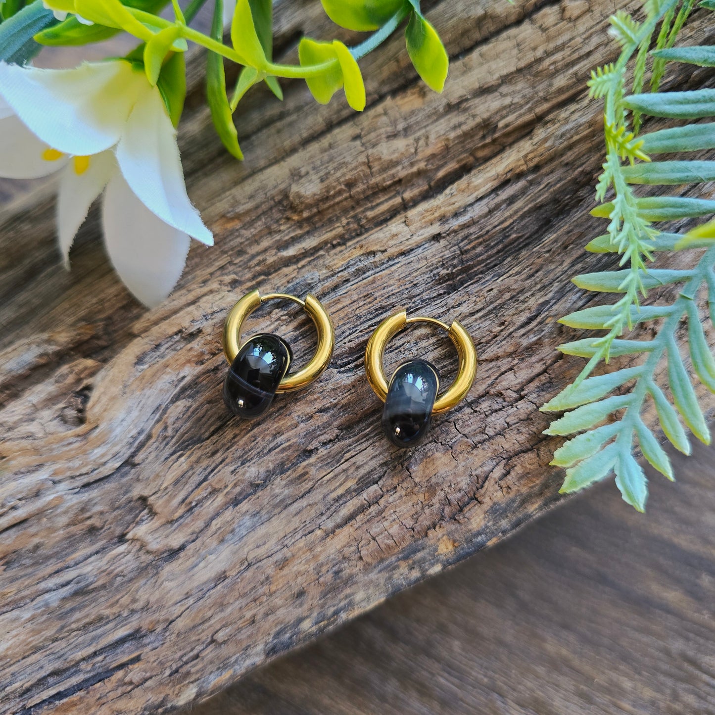 Boucles d'oreilles dorées en Agate rubanée - Donuts