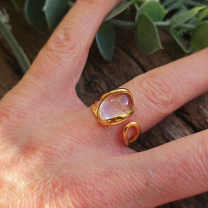 Bague réglable "Dorée" n°1 - Quartz blanc - Argent plaqué or 925