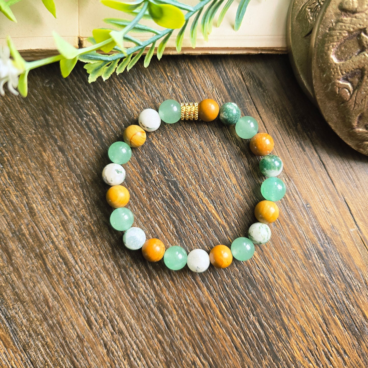 Bracelet Terre - Ancrage profond - Bois fossile, Agate arbre et Aventurine