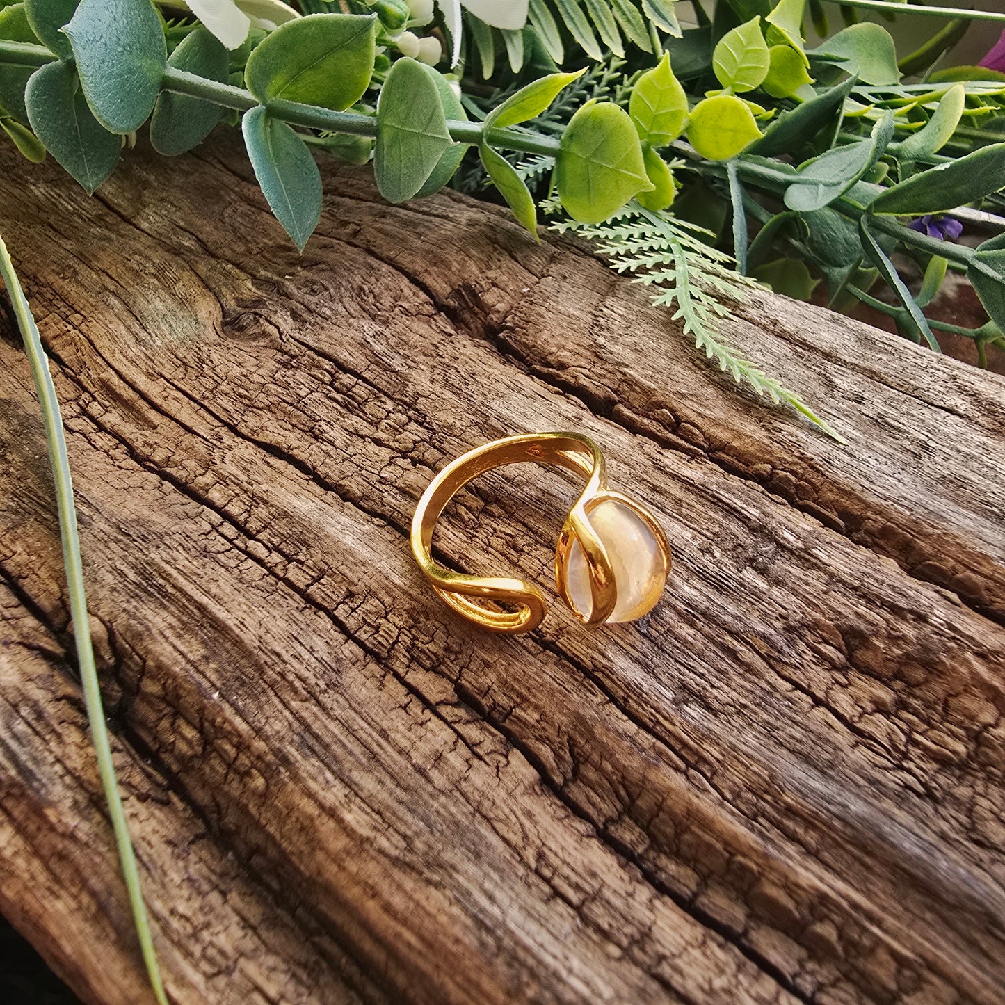 Bague réglable "Dorée" n°2 - Quartz blanc - Argent plaqué or 925