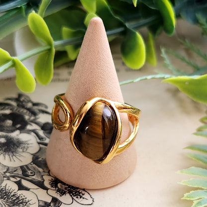 Bague réglable "Dorée" - Œil de tigre - Argent plaqué or 925