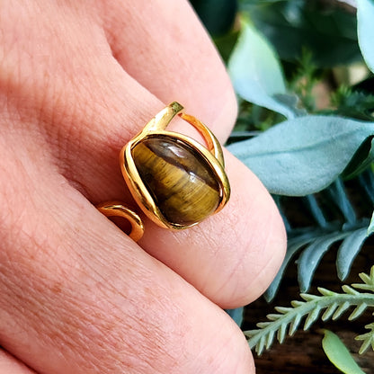 Bague réglable "Dorée" - Œil de tigre - Argent plaqué or 925