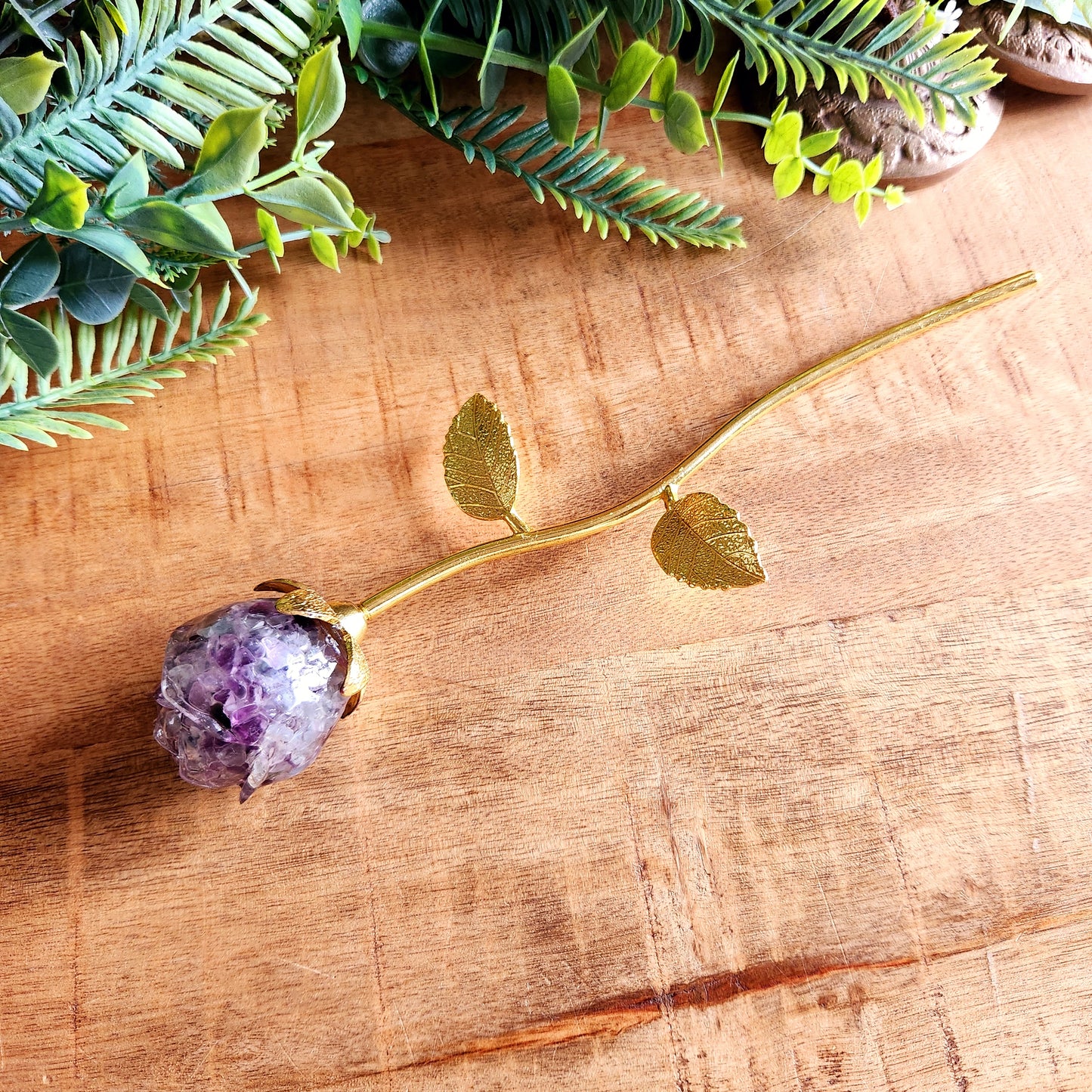 Rose en Fluorite - tige dorée