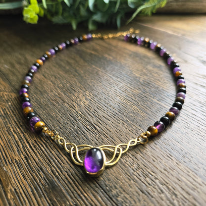 Collier "Valkyria" en Améthyste, Œil de tigre et Obsidienne noire