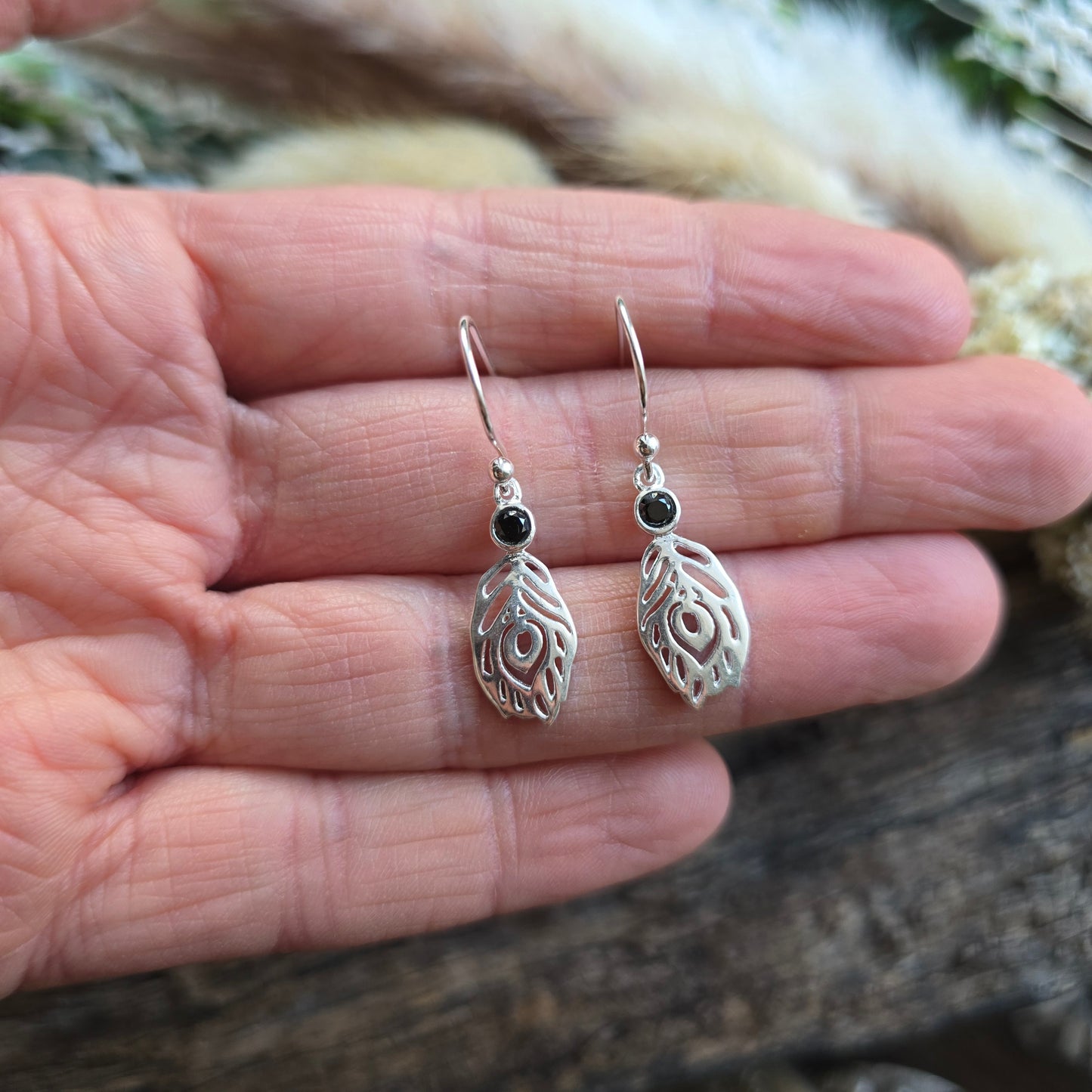Boucles d'oreilles en Obsidienne noire - plume - Argent 925
