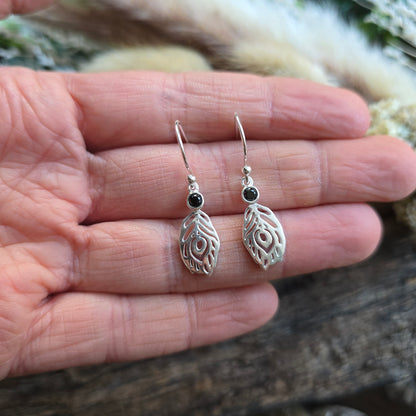 Boucles d'oreilles en Obsidienne noire - plume - Argent 925