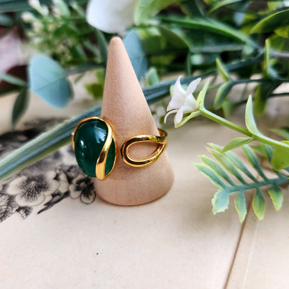 Bague réglable "Dorée" - Onyx vert - Argent plaqué or 925