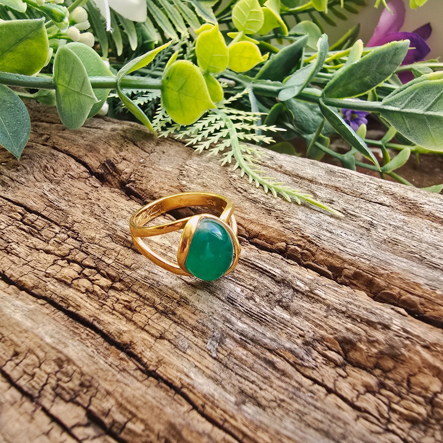 Bague réglable "Dorée" - Onyx vert - Argent plaqué or 925