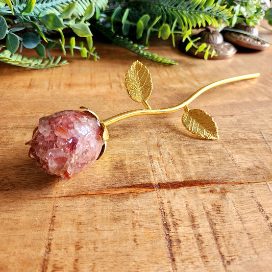 Rose en Quartz fraise- tige dorée