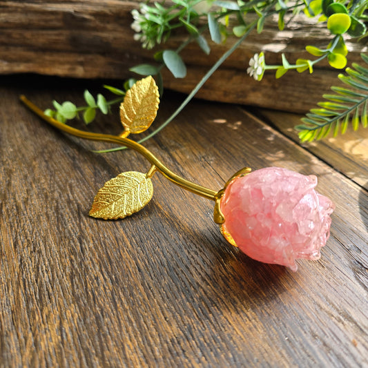 Rose en Quartz rose - tige dorée