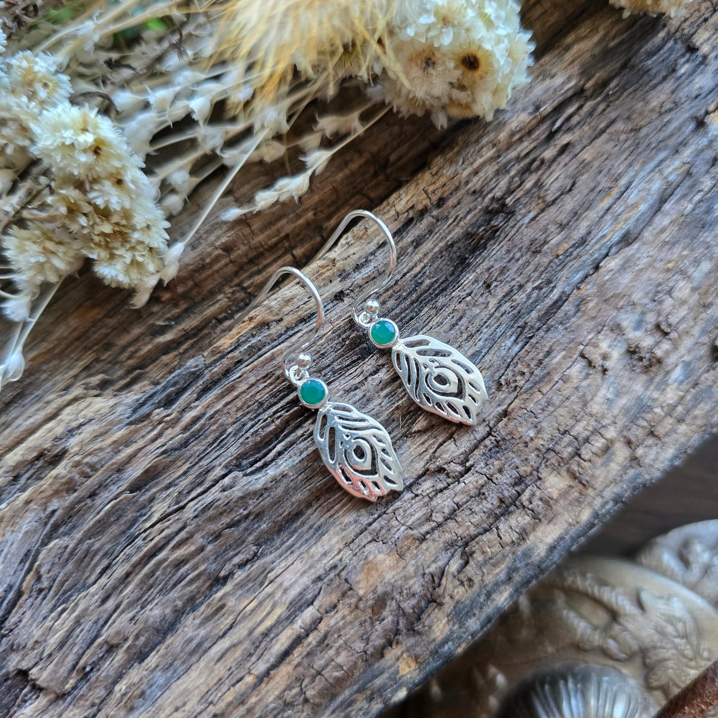 Boucles d'oreilles en Onyx vert - plume - Argent 925