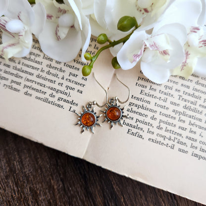 Boucles d'oreilles en Ambre cognac - Soleil - Argent 925