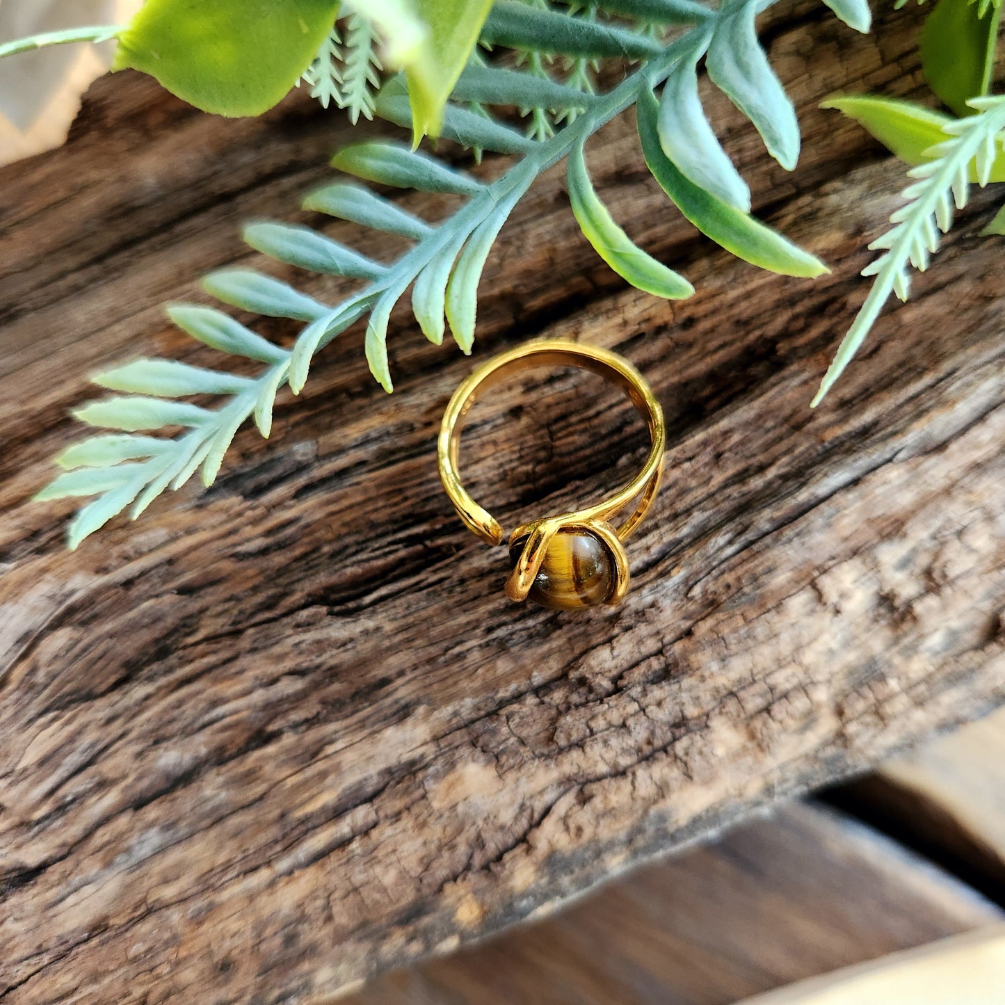 Bague réglable "Dorée" - Œil de tigre - Argent plaqué or 925