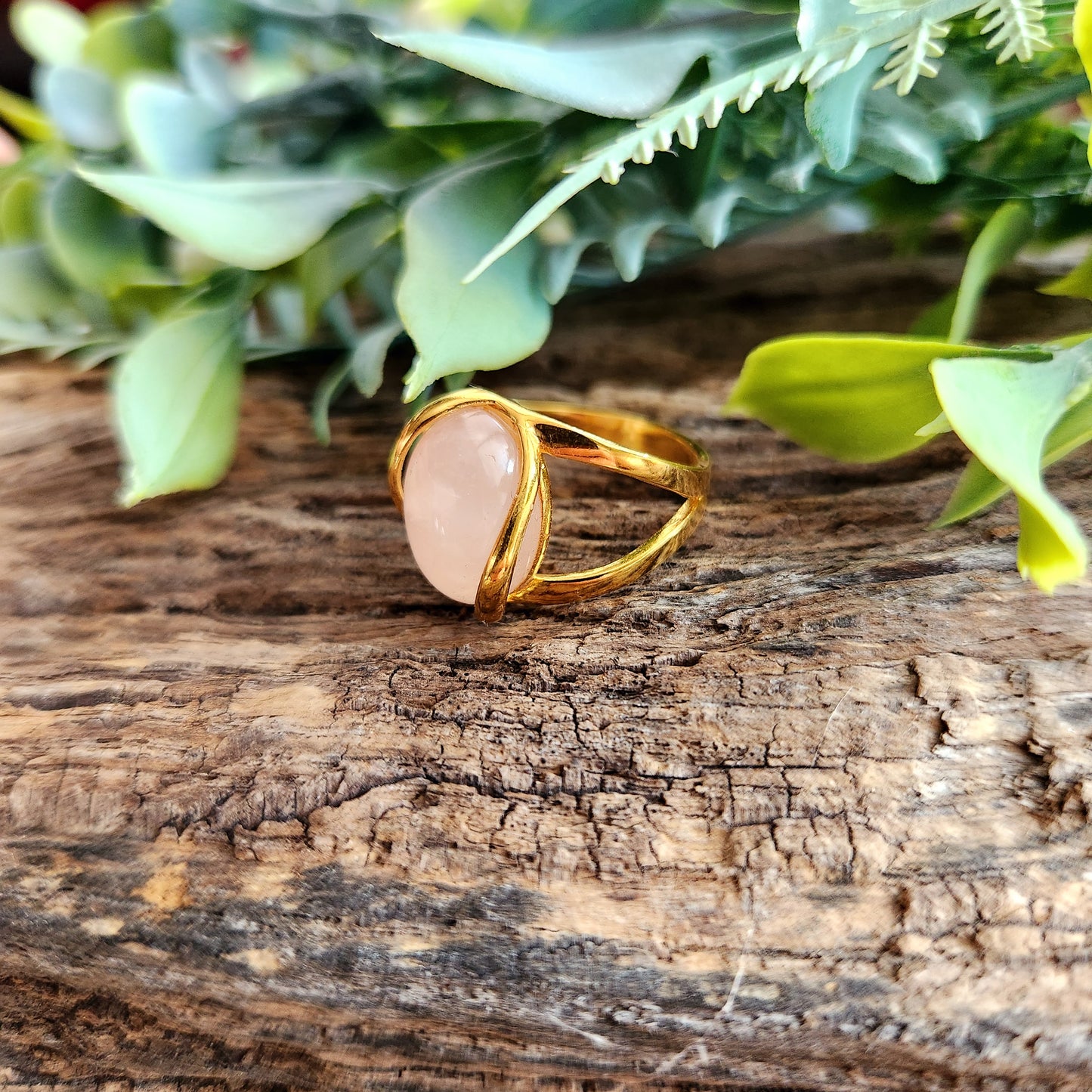 Bague réglable "Dorée" - Quartz rose - Argent plaqué or 925