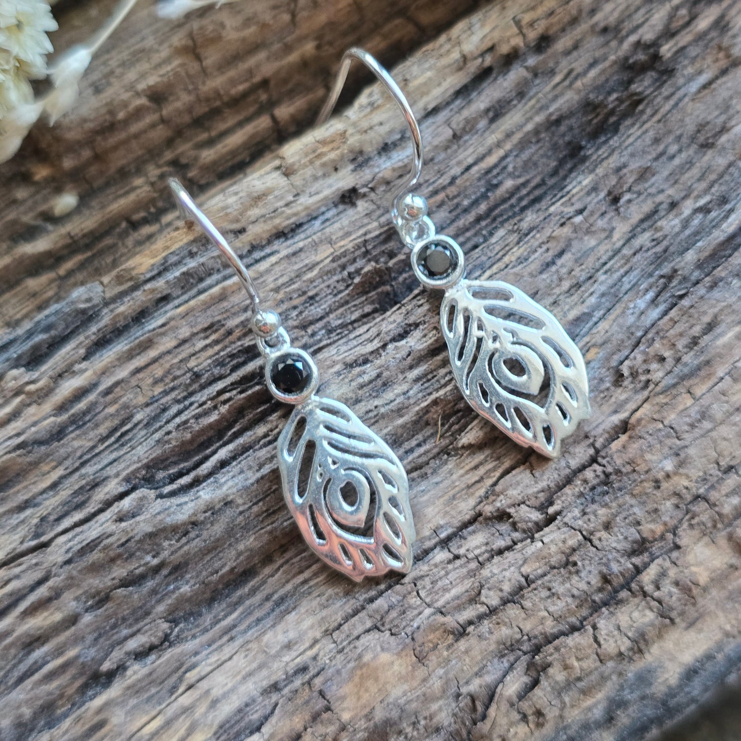 Boucles d'oreilles en Obsidienne noire - plume - Argent 925