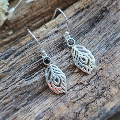 Boucles d'oreilles en Obsidienne noire - plume - Argent 925
